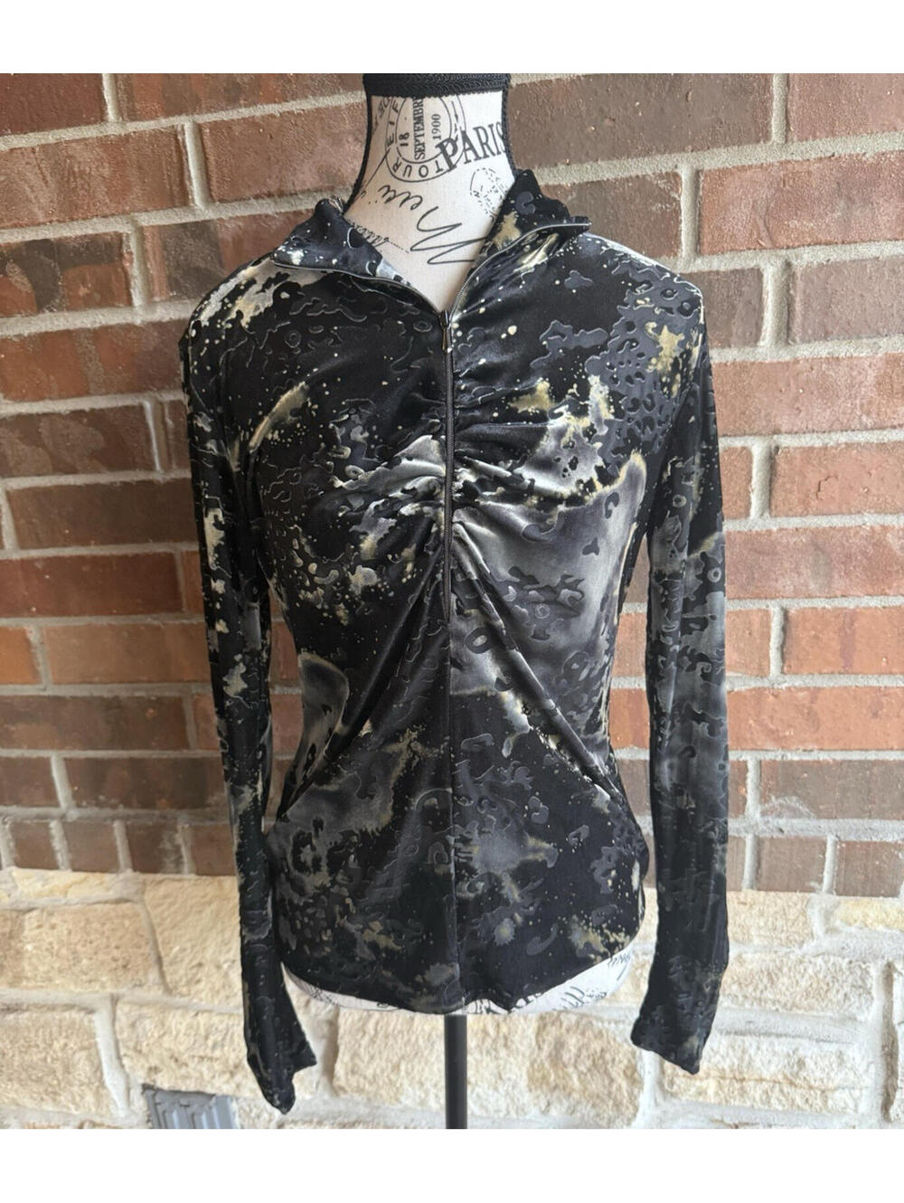 Sno Skins Burnout Velvet Zip Front Top Sz Med Grey Black Ruched Mock Neck VTG
